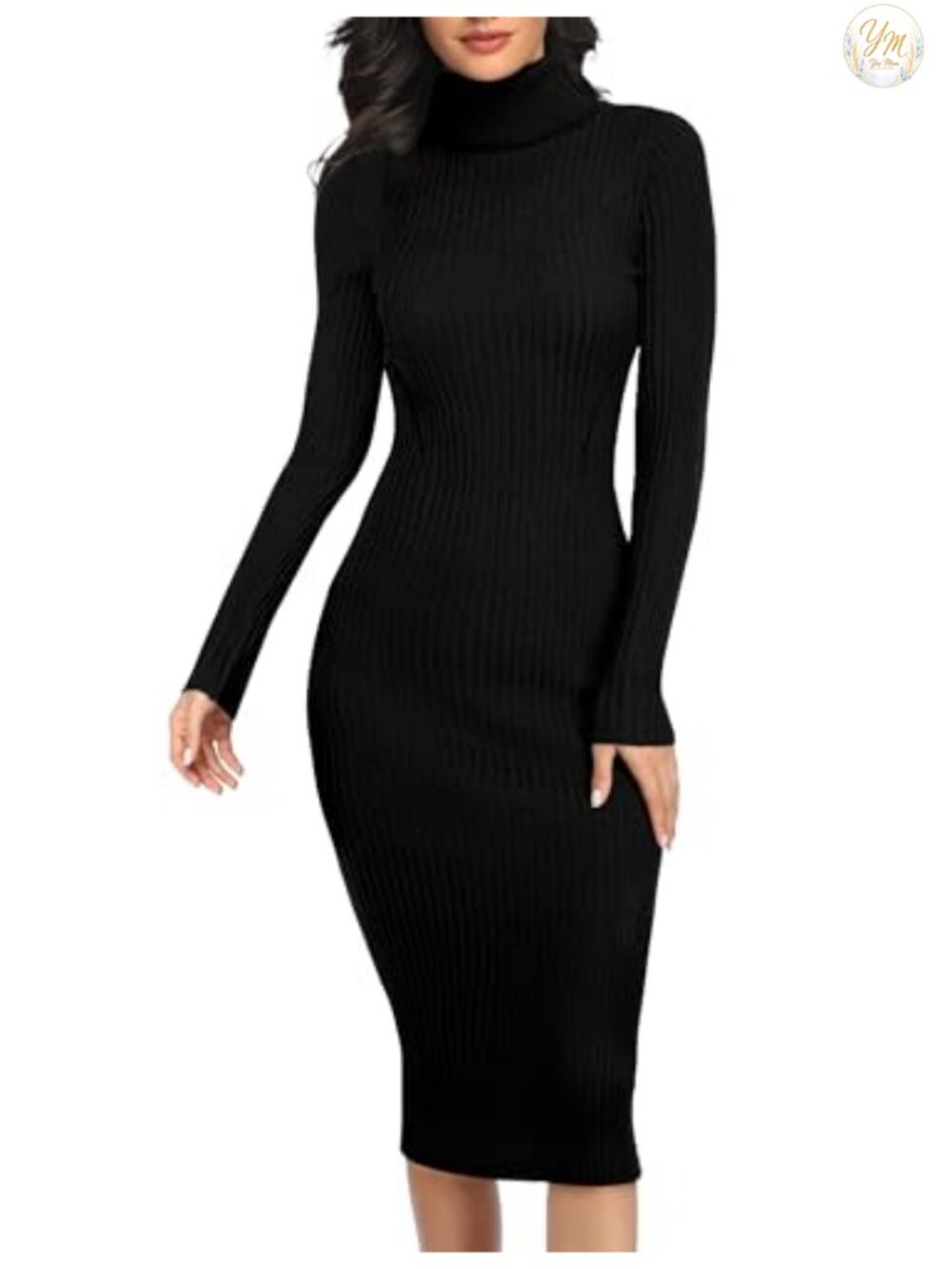 Women Ribbed Knit Turtleneck Long Sleeve Midi Sweater Dress